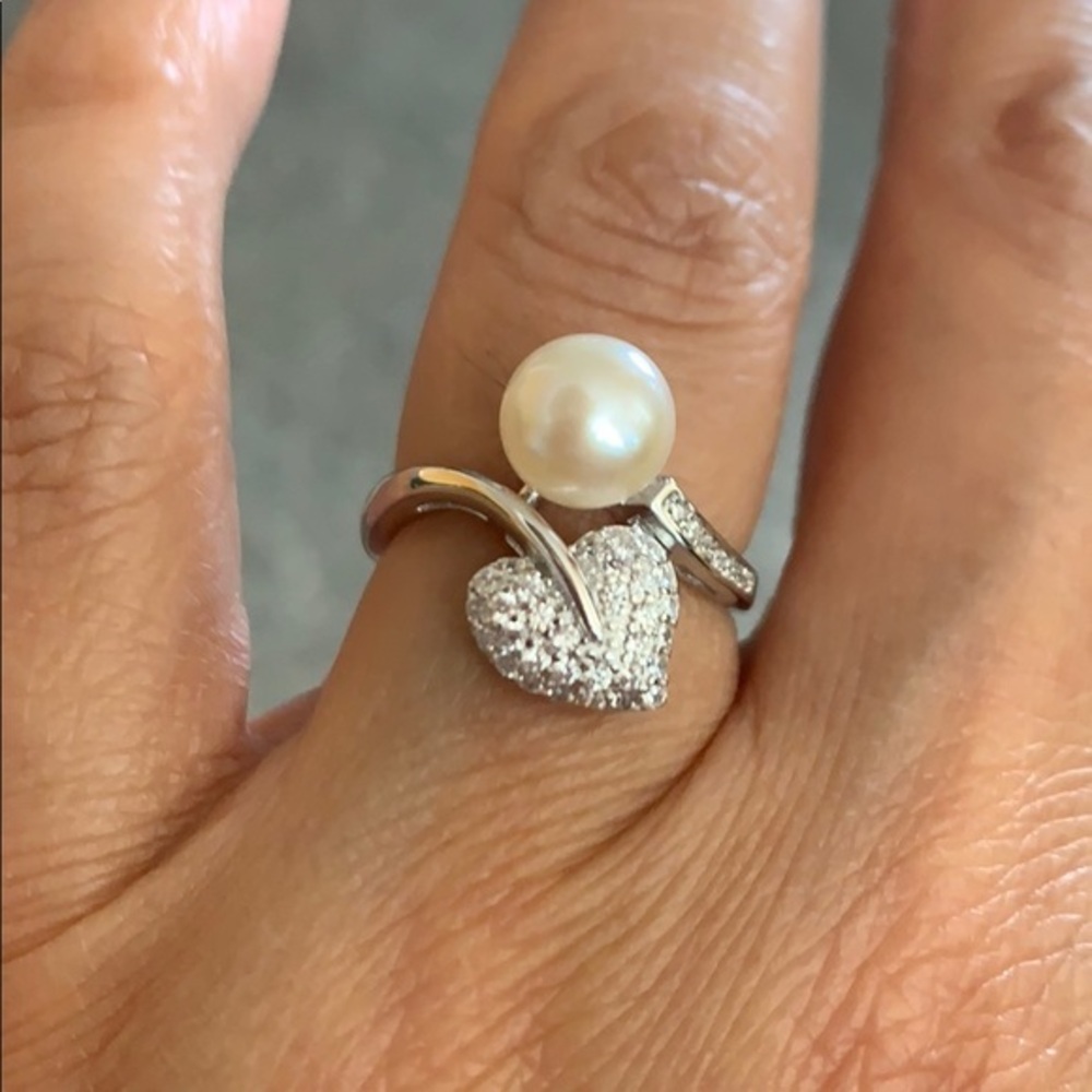 Sterling Silver Pearl Heart CZ Engagement Ring